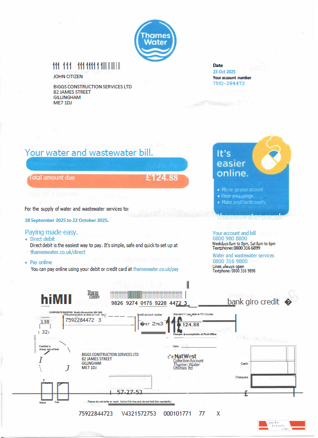 United Kingdom Thames Water utility bill template in Word and PDF formats, version 2